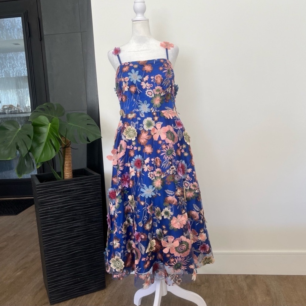 Eliza J Floral Appliqu Mesh Midi Dress - Excellent Condition Worn Once
